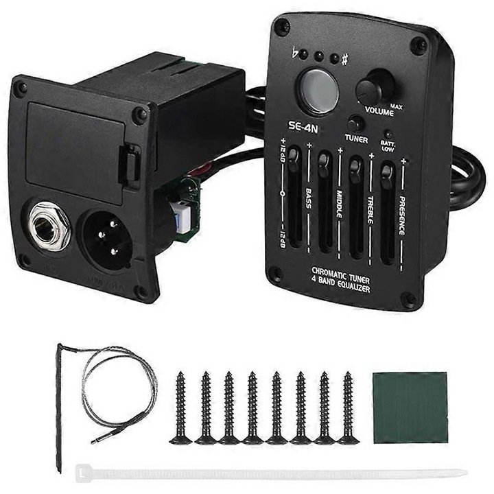 Akusztikus gitár előerősítő, 4 sávos EQ, mély, közép, magas hangszín szabályozás, fekete, méretek 69.5x41.5mm