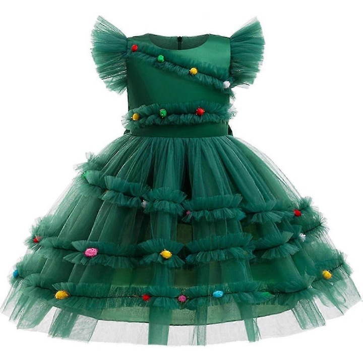 Rochie pentru Fete, Verde, 6-8 ani, cu Detalii Colorate si Fundita, 116-128 CM