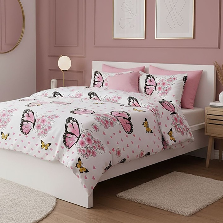 Rózsaszín pillangós dupla ágyneműhuzat, polipamut, 4 részes, 230 x 250 cm, Különleges Ágyneműk