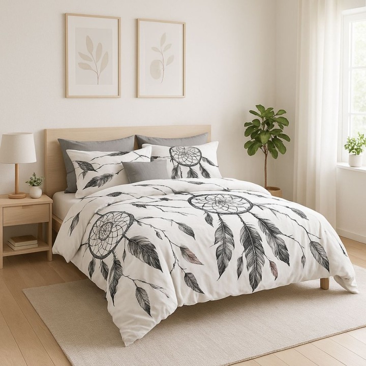 Kétszemélyes ágynemű tollakkal és körökkel, polikoton, 4 részes, 230 x 250 cm, Különleges Ágyneműk