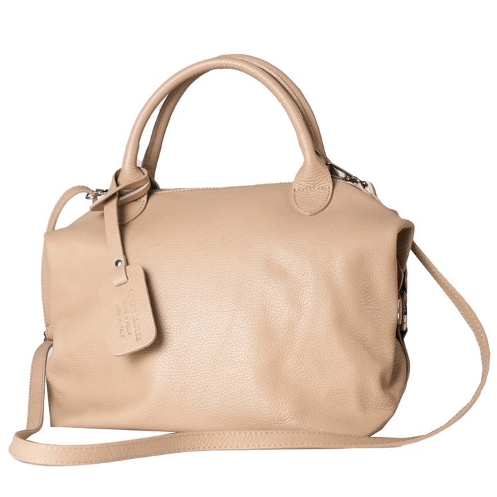 Geantă dama piele naturală Imola, capucino, 26x28x19cm, curea lungă 125cm adjustable, accesorii metalice argintii