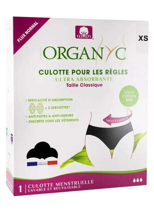 Дамско бельо за менструация, класическа талия, Organyc, Черен, XS