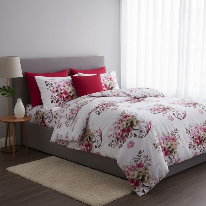 Rózsaszín és bézs virágmintás dupla ágynemű, polipamut, 4 részes, 230 x 250 cm, Különleges Ágyneműk