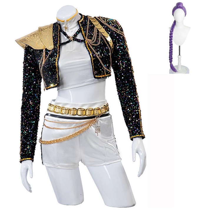 Costum Demon Hunters Rumi, Anime K-Pop, set uniforma cu jacheta cu paiete aurii, negru, pentru fete