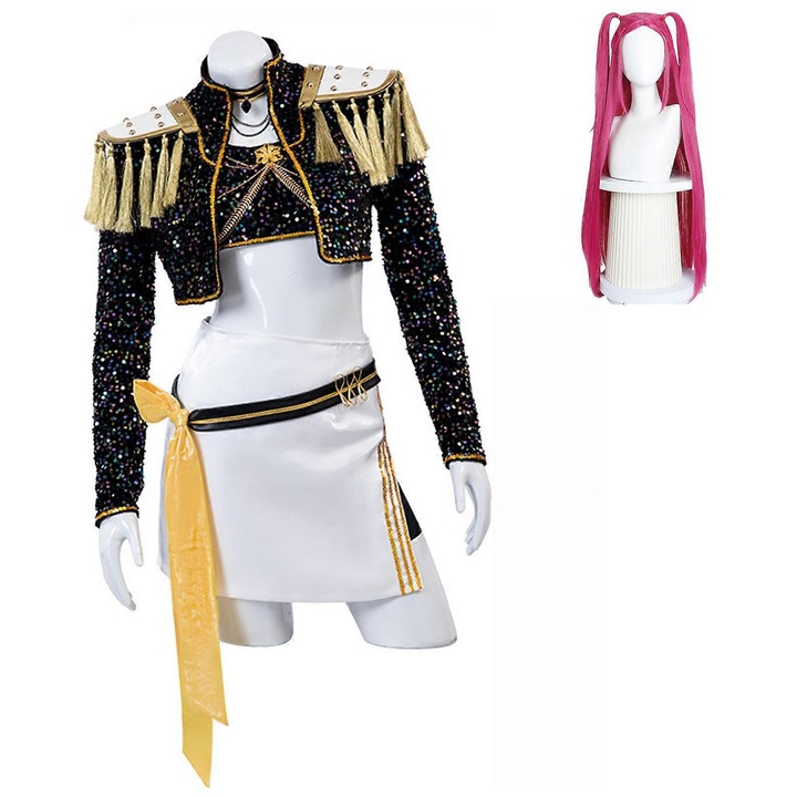 Costum Demon Hunters Rumi, Anime K-Pop, set uniforma cu jacheta cu paiete, negru-aurie, marime 36 C
