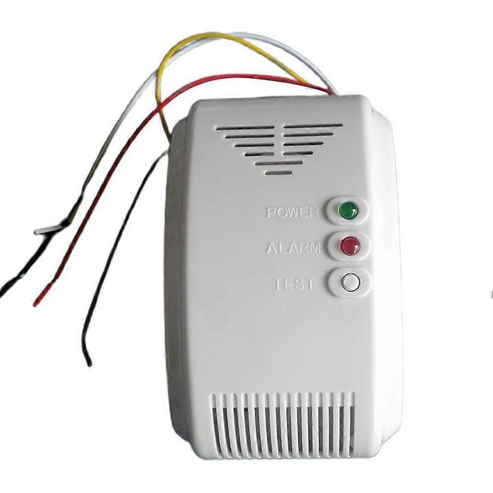 Detector de gaz 12V, senzor alarma LPG, montare pe perete, alb, 11.5x7x5cm