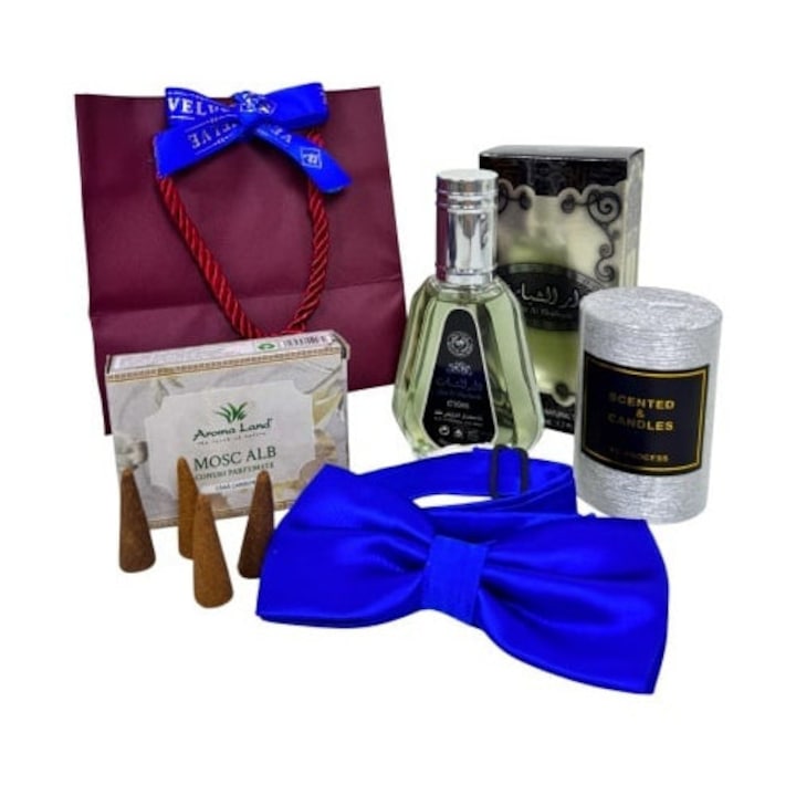 Елегантен коледен пакет за мъже, с парфюм, сребърна свещ, ароматни шишарки, елегантна папийонка и подаръчна торбичка, син, Velve