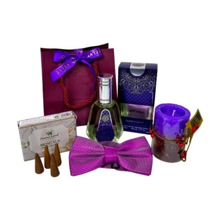 Елегантен коледен пакет за мъже, с парфюм, празнична свещ, ароматни шишарки, елегантна папионка и подаръчна торбичка, лилав, Velve