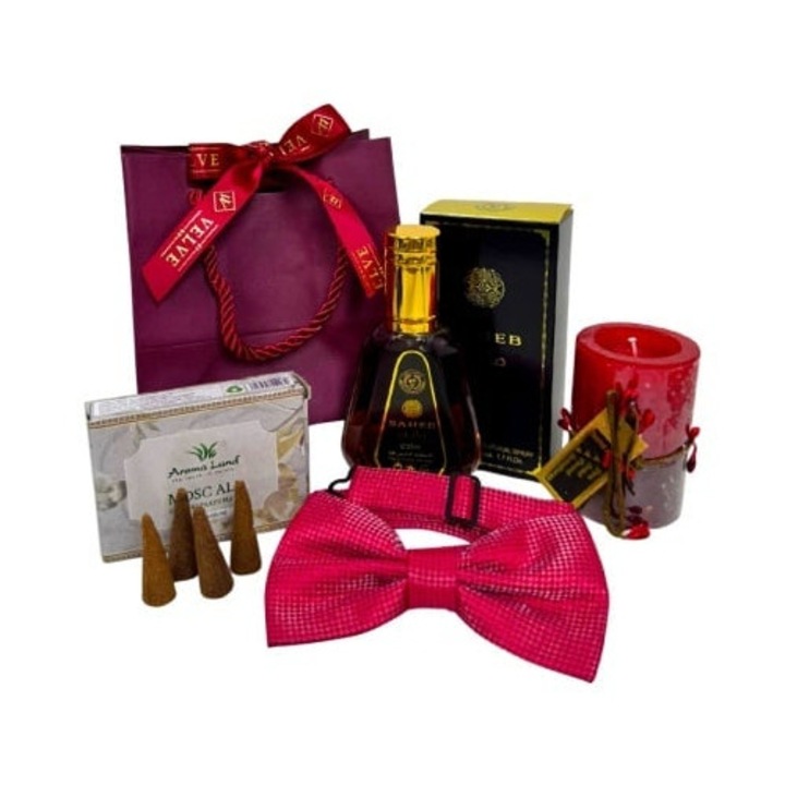 Елегантен коледен пакет, за мъже, с парфюм, празнична свещ, ароматни шишарки, елегантна папийонка и подаръчна торбичка, червен, Velve