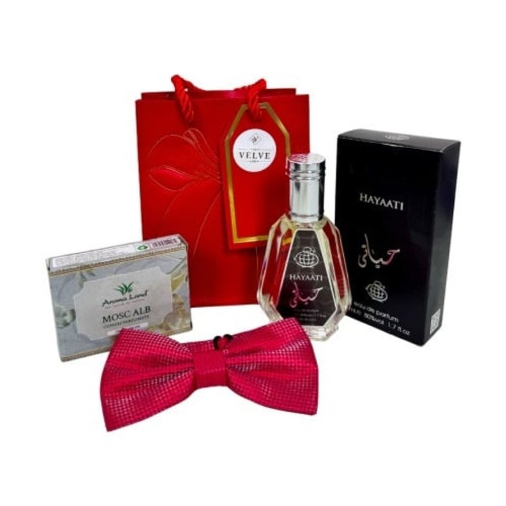 Коледен пакет Елегантност за мъже, с парфюм, ароматни шишарки, елегантна папионка и подаръчна торбичка, червен, Velve