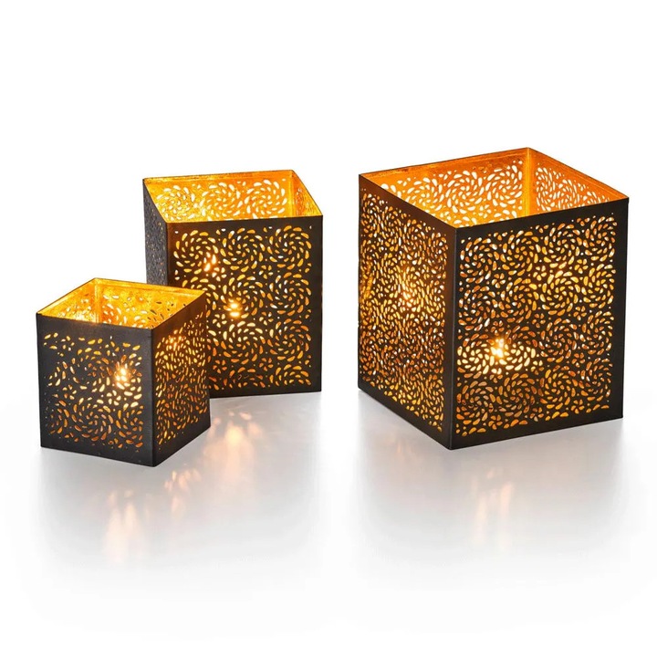 Set suporturi lumanari Philippi, 3 piese, metal, 13x13x14cm, negru-auriu