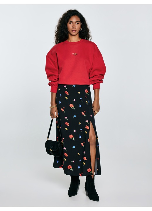 Fusta midi, Big Star, imprimeu floral, negru, viscoza