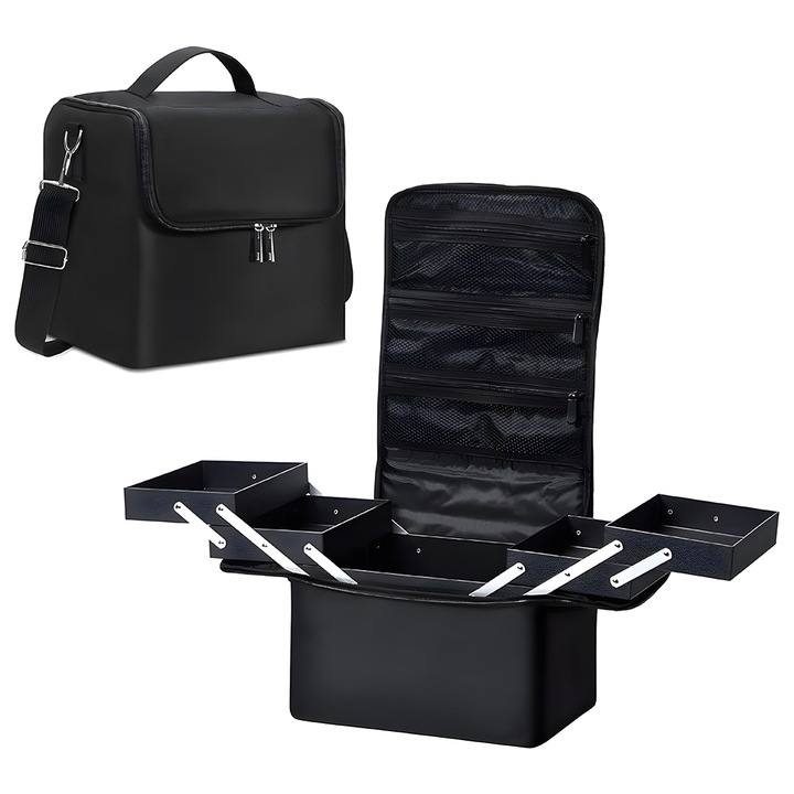 NEXTLY többfunkciós kozmetikai táska, kihúzható rekeszek/belső zsebek, állítható pánt, fogantyú, vízálló anyag, 28x19.5x25cm, fekete