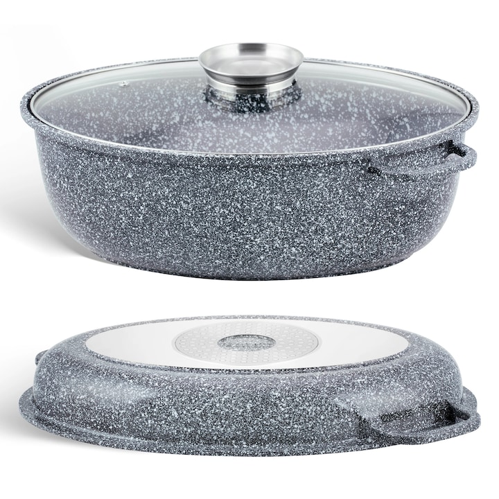 Grillserpenyő – 3 részes, 8L márvány bevonatú sütőtál edzett üveg és grill fedővel, indukciós, tapadásmentes, karcálló kivitel