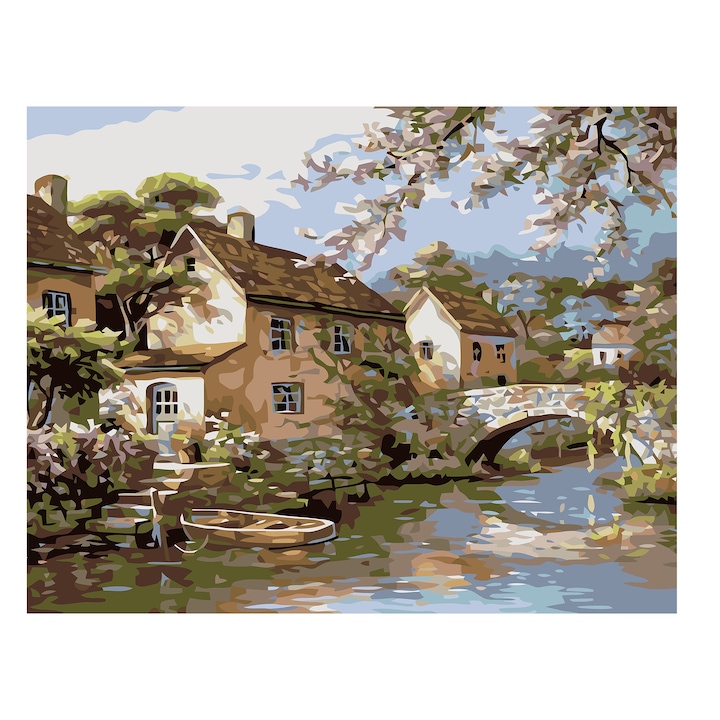 Set pictura pe numere Casute pe apa 60211, panza bumbac pe rama lemn, 40x50 cm, tablou cu schita, 3 pensule si vopsea acrilica