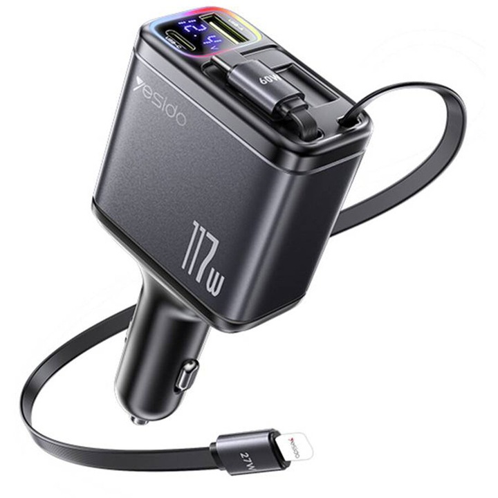 KF2355059 Y63 1x USB-A + 1x USB-C cu afisaj LED cabluri retractabile 117W Negru