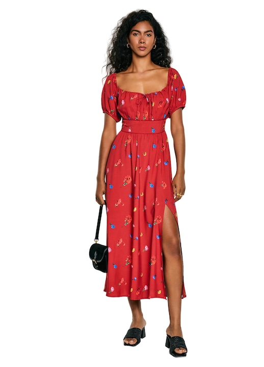 Rochie midi, Big Star, imprimeu floral, rosie, viscoza