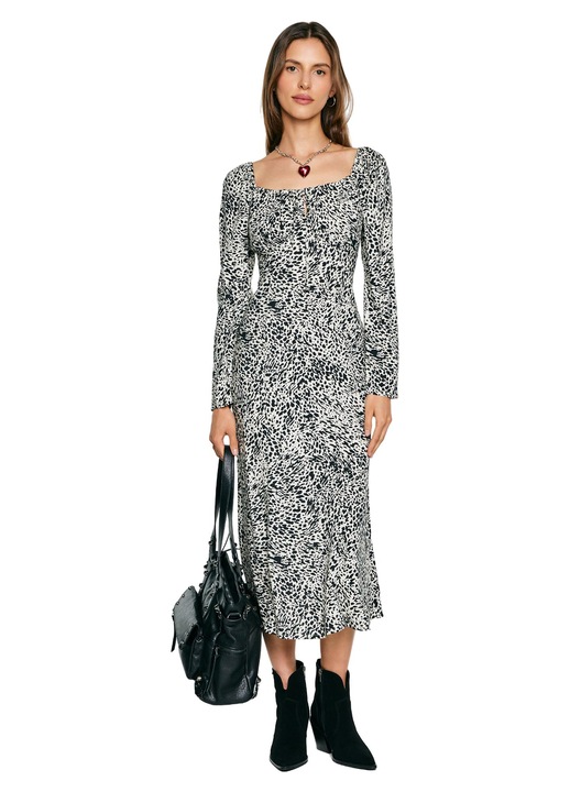 Rochie midi, Big Star, imprimeu negru-crem, maneca lunga, viscoza