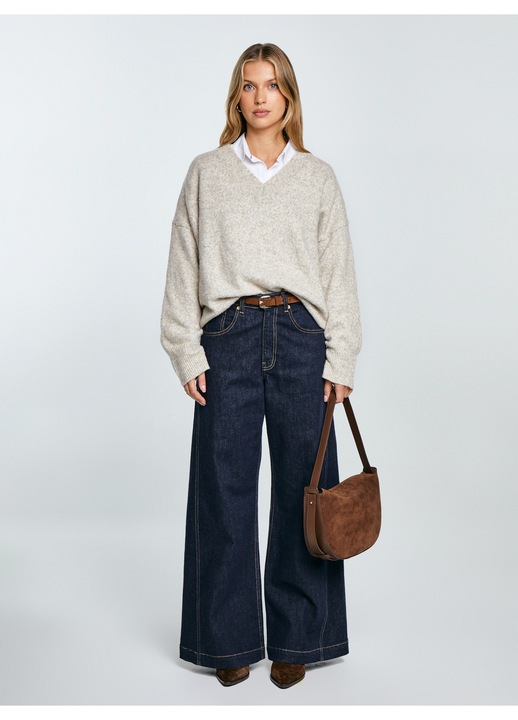 Pulover dama, Big Star, oversize, decolteu in V, bej, lana