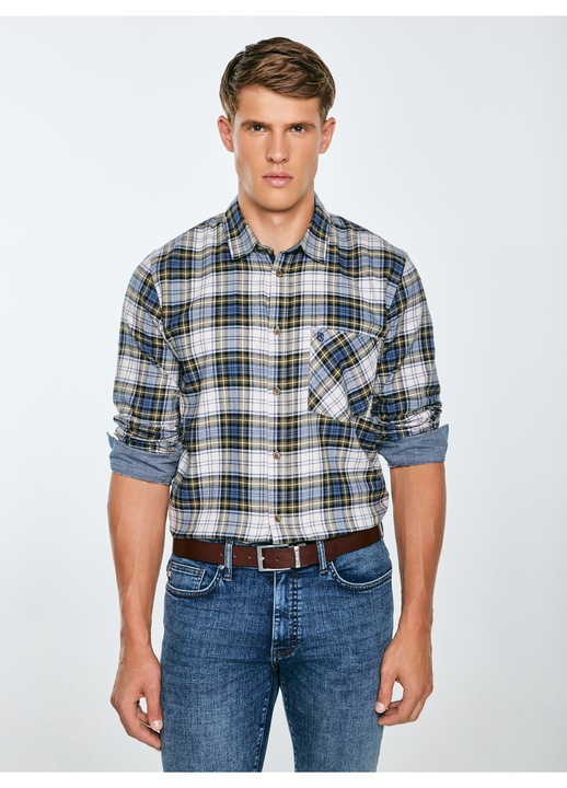 Camasa barbateasca in carouri, Big Star, albastru-bej, material elastic flanel, rezistent la sifonare