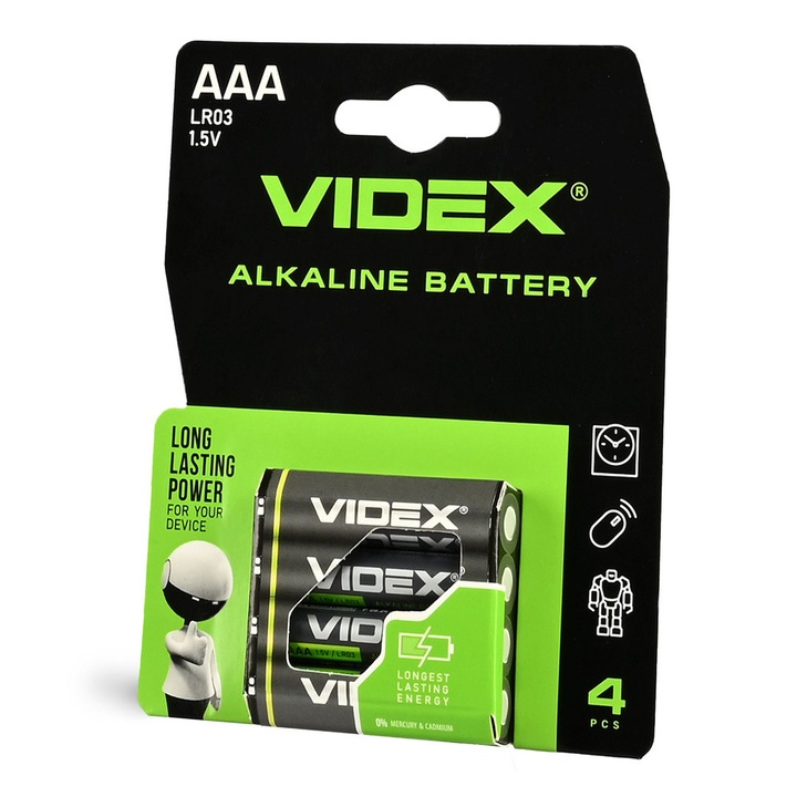 Baterii alcaline VIDEX AAA, 4 bucati, 1200 mAh, 1,5 V, 44,5x10,5x10,5 mm