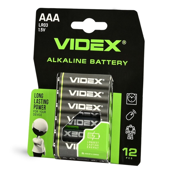 Baterii alcaline VIDEX AAA, 1200 mAh, 1,5 V, set 12 bucati
