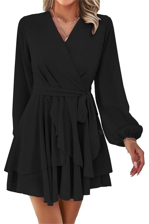 Rochie scurta din sifon pentru femei, cu decolteu in V, maneca lunga, negru, marime S, Jiraewh