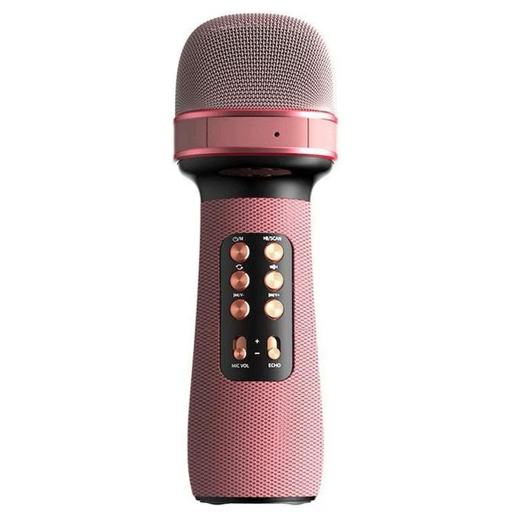 Microfon Karaoke Smart fara fir RoveRim, Wireless, Stereo, 4 efecte voce, cu acumulator, boxa integrata, Radio FM, TF card, USB, Inregistrare muzica, roz