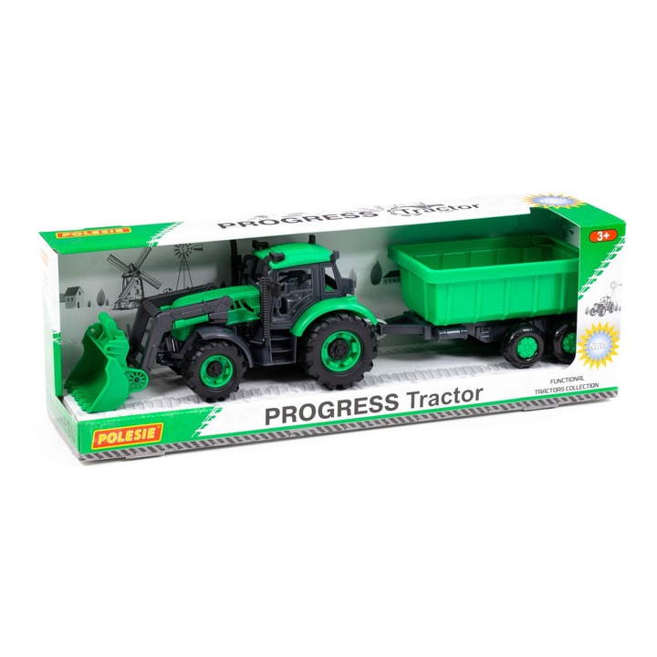 Tractor cu incarcator si remorca Polesie, verde, 42.8x10x11cm