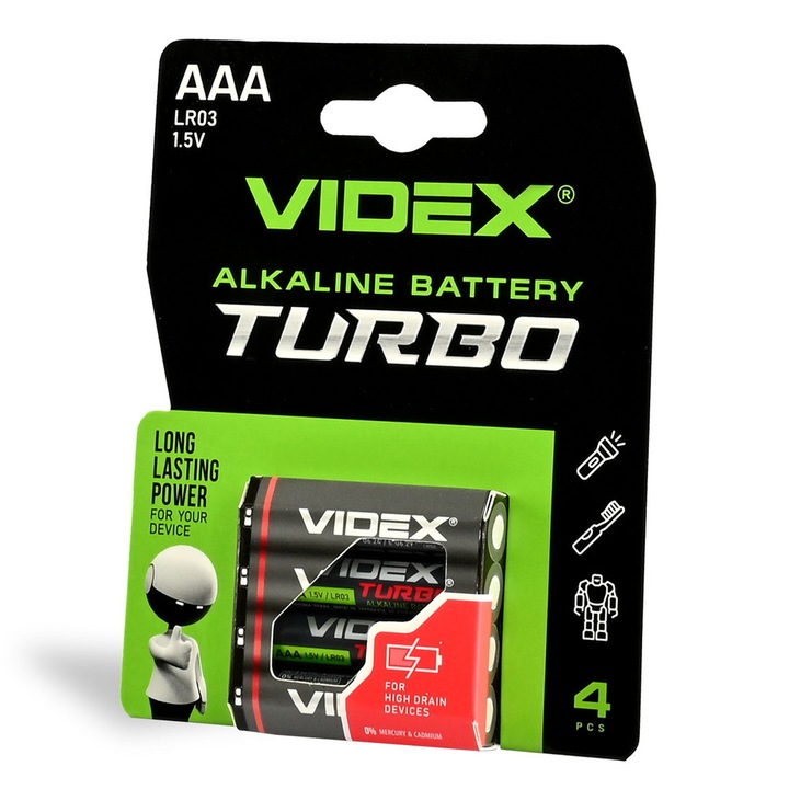 Baterie alcalina VIDEX Turbo LR03T/AAA, 1.5 V, set 4 bucati