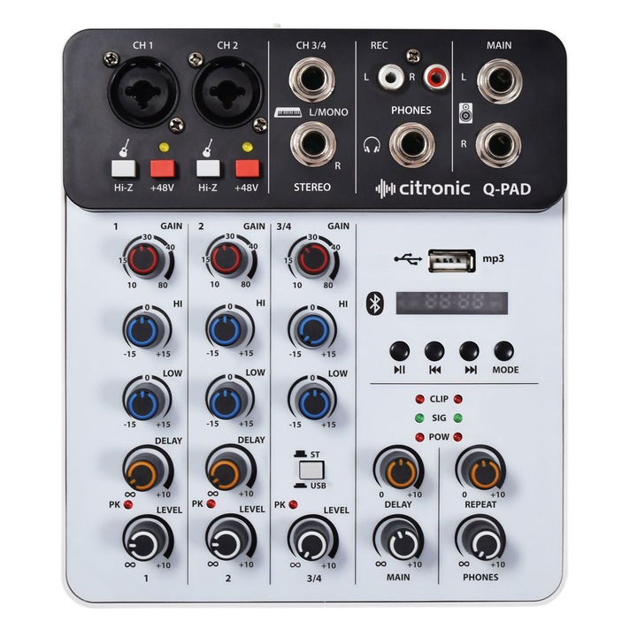 Mixer audio Citronic Q-PAD, USB/Bluetooth, 2 canale, alimentare phantom 48V, 182x160x50mm
