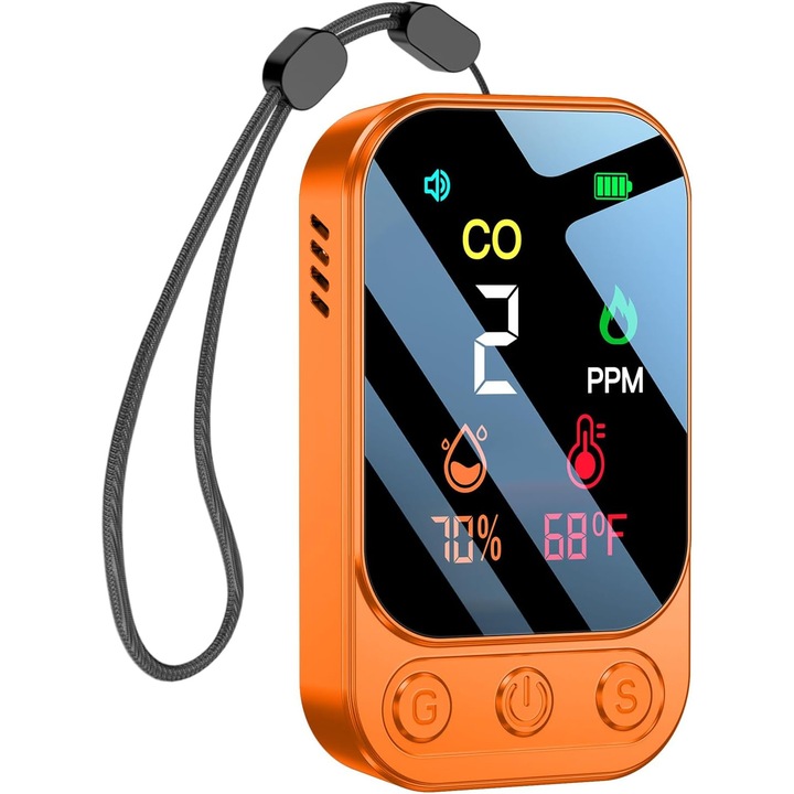 Detector portabil de CO – monoxid de carbon cu afisaj temperatura si umiditate, portabil pentru calatorii si camping, portocaliu