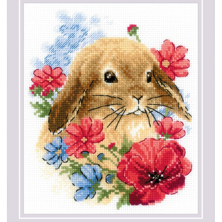 Set de brodat in cruciulita Riolis 1986 – Iepure in flori 15x18 cm
