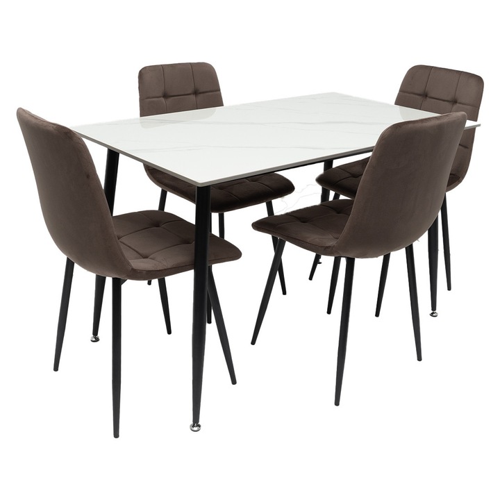 Set masa MBS-97 alb, cu 4 scaune tapitate ML-4 maro