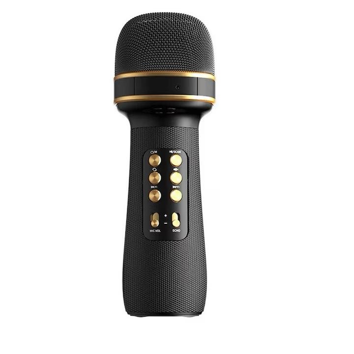 Смарт караоке микрофон безжичен RoveRim, Wireless, Стерео, 4 гласови ефекта, с акумулаторна батерия, вграден високоговорител, FM радио, TF карта, USB, Запис на музика, черен