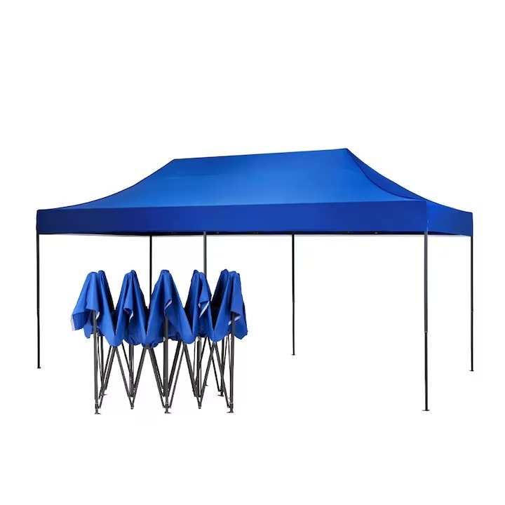 Cort pliabil evenimente 3x6 m, albastru, structura metalica solida, prelata Oxford 700D impermeabila, protectie UV, picioare telescopice, deschidere tip armonica, pentru gradina, terasa si exterior
