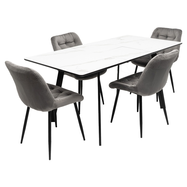 Set masa extensibila Black Red White MBS-96 alb cu 4 scaune tapitate gri, 120-160x80 cm