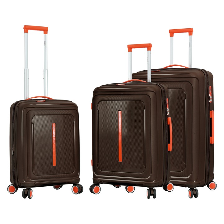 Set trolere extensibile Lee Cooper LC33403, 100%polipropilena, 1 bagaj de cabina si 2 de cala, cifru, 4 roti 360°, maro