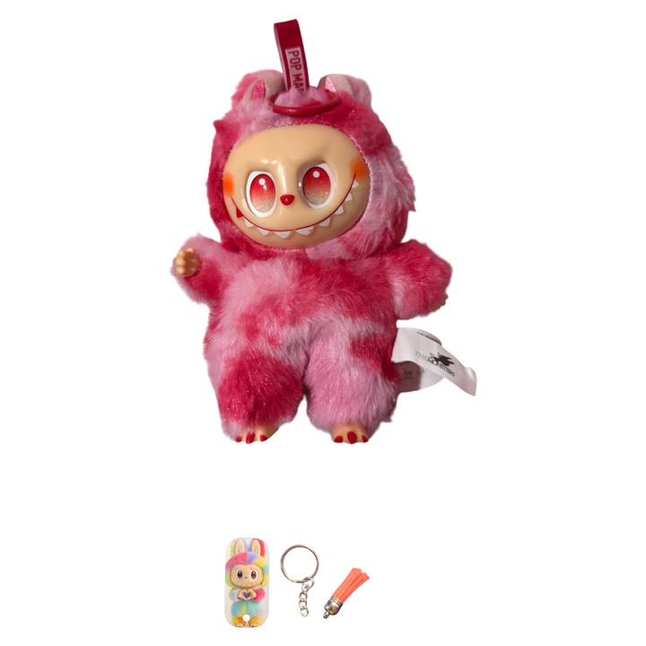Jucarie de plus LaBubu Pachet promo: Roz fucsia, 15 cm, Breloc Labubu