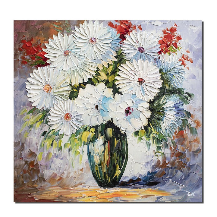 Tablou 3D vaza cu flori albe pictat manual, Puritate, 80x80cm ulei pe panza in relief, Valentin Pop