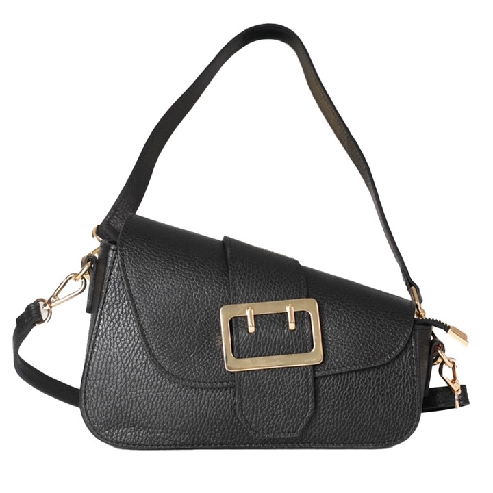 Geanta dama piele naturala Avellino, negru, 24x7x9-15cm, bareta reglabila 125cm, maner 60cm