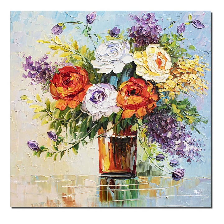 Tablou 3D living, dormitor, Vaza cu trandafiri pictat manual, 80x80cm ulei pe panza, Valentin Pop