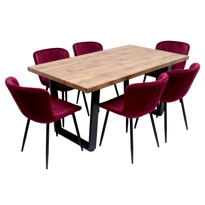 Set masa/scaune, Black Red White, 160x90 cm, 6 scaune tapitate S-153, extensibila 220 cm