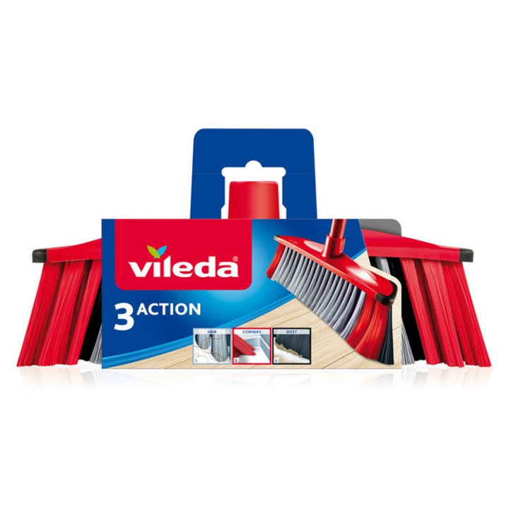 Метла Vileda Besen 3Action, телескопична дръжка 130см, червено/черно, 30x6см