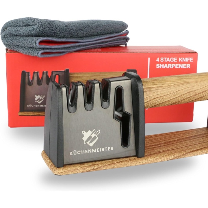 Ascutitor de cutite Kuchenmeister 3 etape, piatra ceramica, lemn fag, anti-alunecare