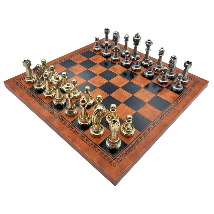 Set de sah Italfama, tabla din piele ecologica, 33x33cm, piese Staunton din alama, culoare maro/negru