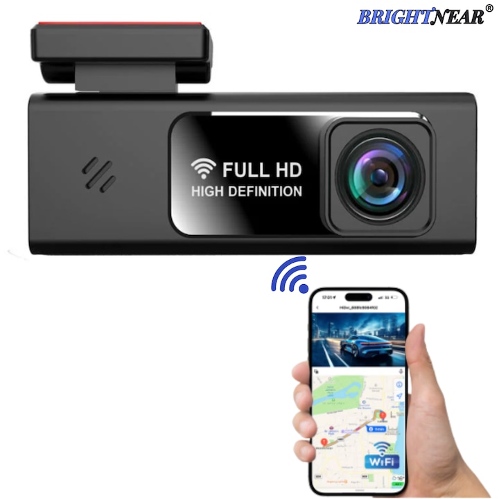 Camera Video De Bord Auto BrightNear®, Rezolutie 2304x1296, vizibilitate 140°, Comaenzi vocale, Senzor G, Vedere Nocturna, Detectarea Miscarii, Inregistrare in Bucla, Pornire Automata, Aplicatie android/iOS, Negru