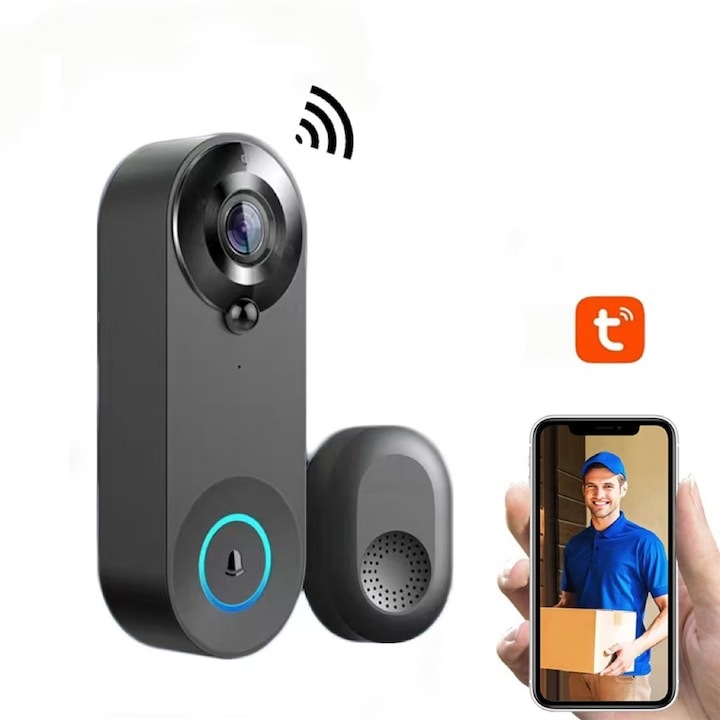 Sonerie Wireless CerCip VD01, 1080P, vedere nocturnă, senzor de mișcare, Negru