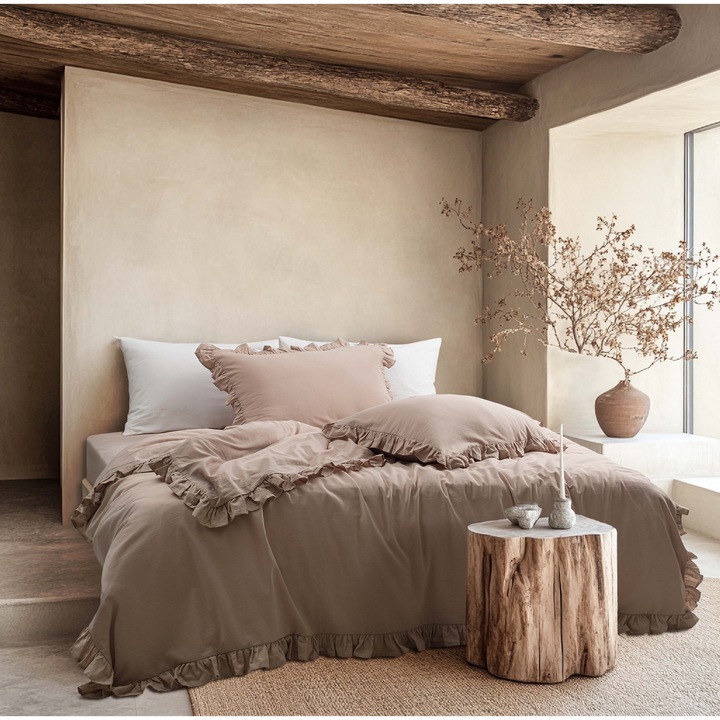 Спално бельо за двойно легло, Majoli Bahar Home Collection, 100% памук ранфорс, 144 TC, 4 части (плик за завивка 200x220 см, долен чаршаф 240x260 см, 2 калъфки за възглавници 50x70 см), Milagros Mink