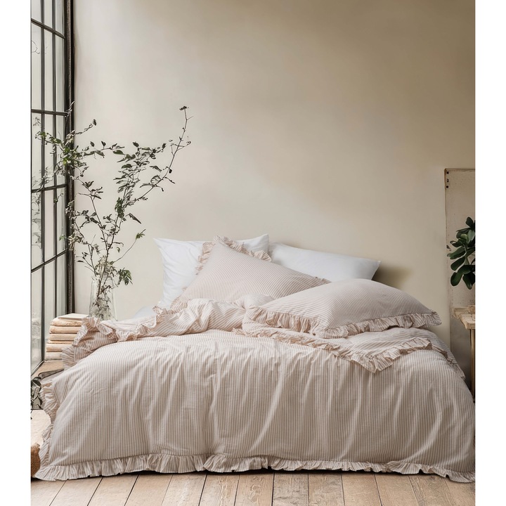 Спално бельо за двойно легло, Majoli Bahar Home Collection, 100% боядисан памук, изпран с камъни, 144 TC, 4 части (плик за завивка 200x220cm, долен чаршаф 240x260 cm, 2 калъфки за възглавници 50x70cm), Milagros Ren Mink